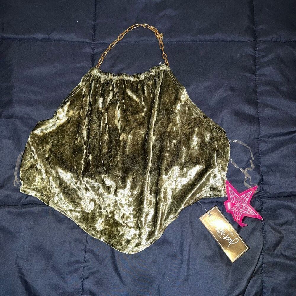 NWT Just Polly green velvet chain halter top handkerchief blouse shirt size L